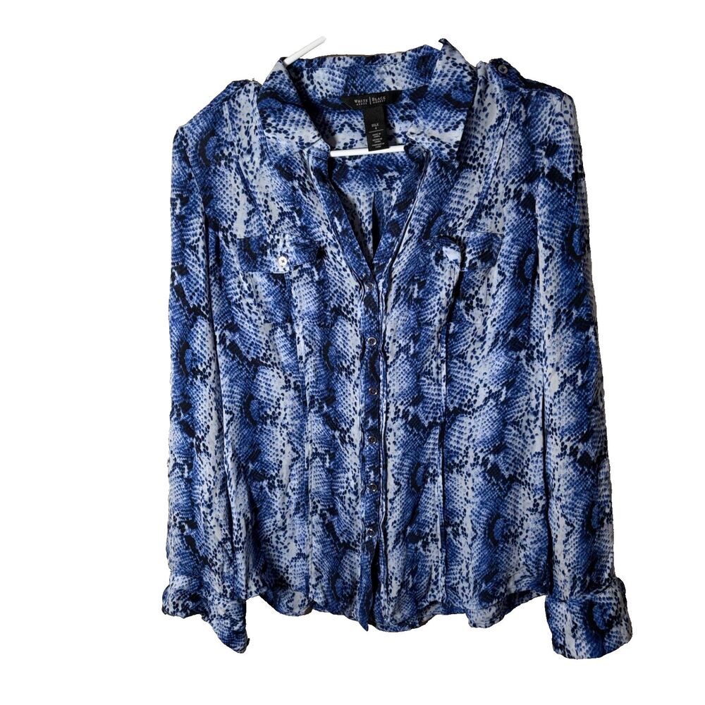White House Black Market Shirt Women's 4 Silk Blue Snake Printed Button Up